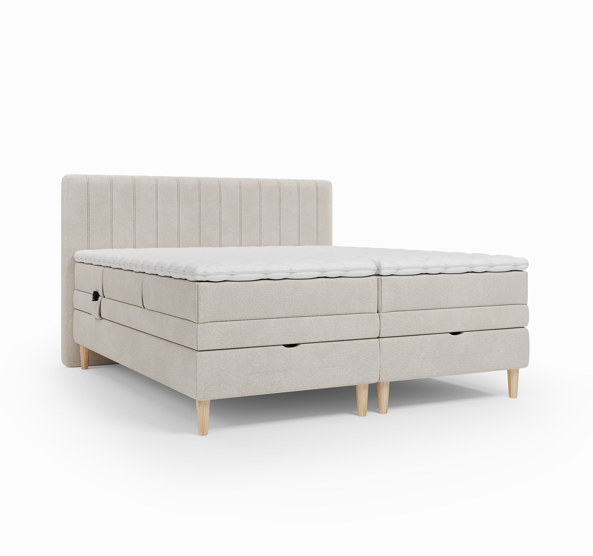 Lit BOXSPRING ELECTRIQUE N°1- Avec tête de lit, coffre intégré, matelas ressorts ensachés et surmatelas inclus