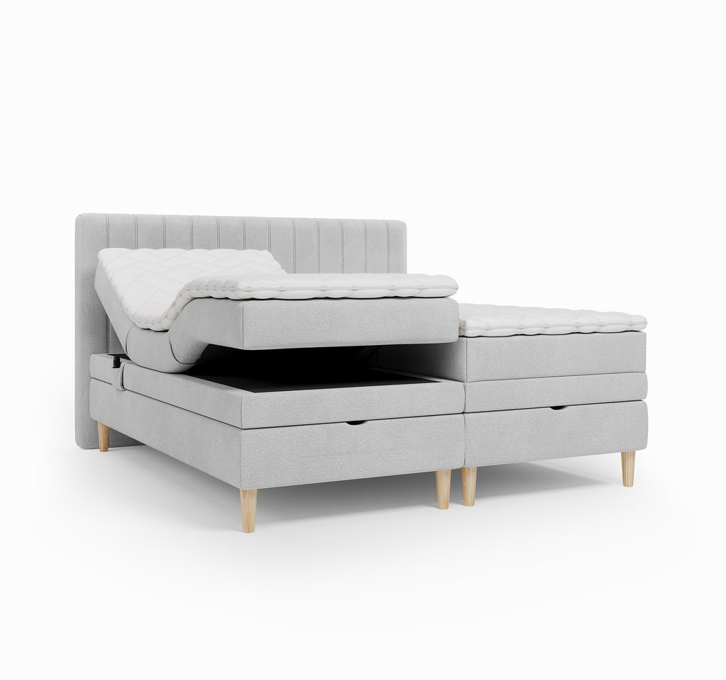 Lit BOXSPRING ELECTRIQUE N°1- Avec tête de lit, coffre intégré, matelas ressorts ensachés et surmatelas inclus