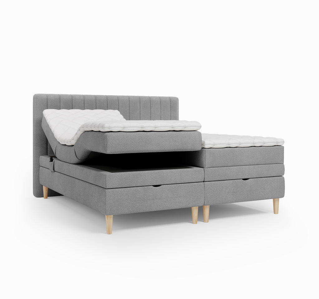 Lit BOXSPRING ELECTRIQUE N°1- Avec tête de lit, coffre intégré, matelas ressorts ensachés et surmatelas inclus
