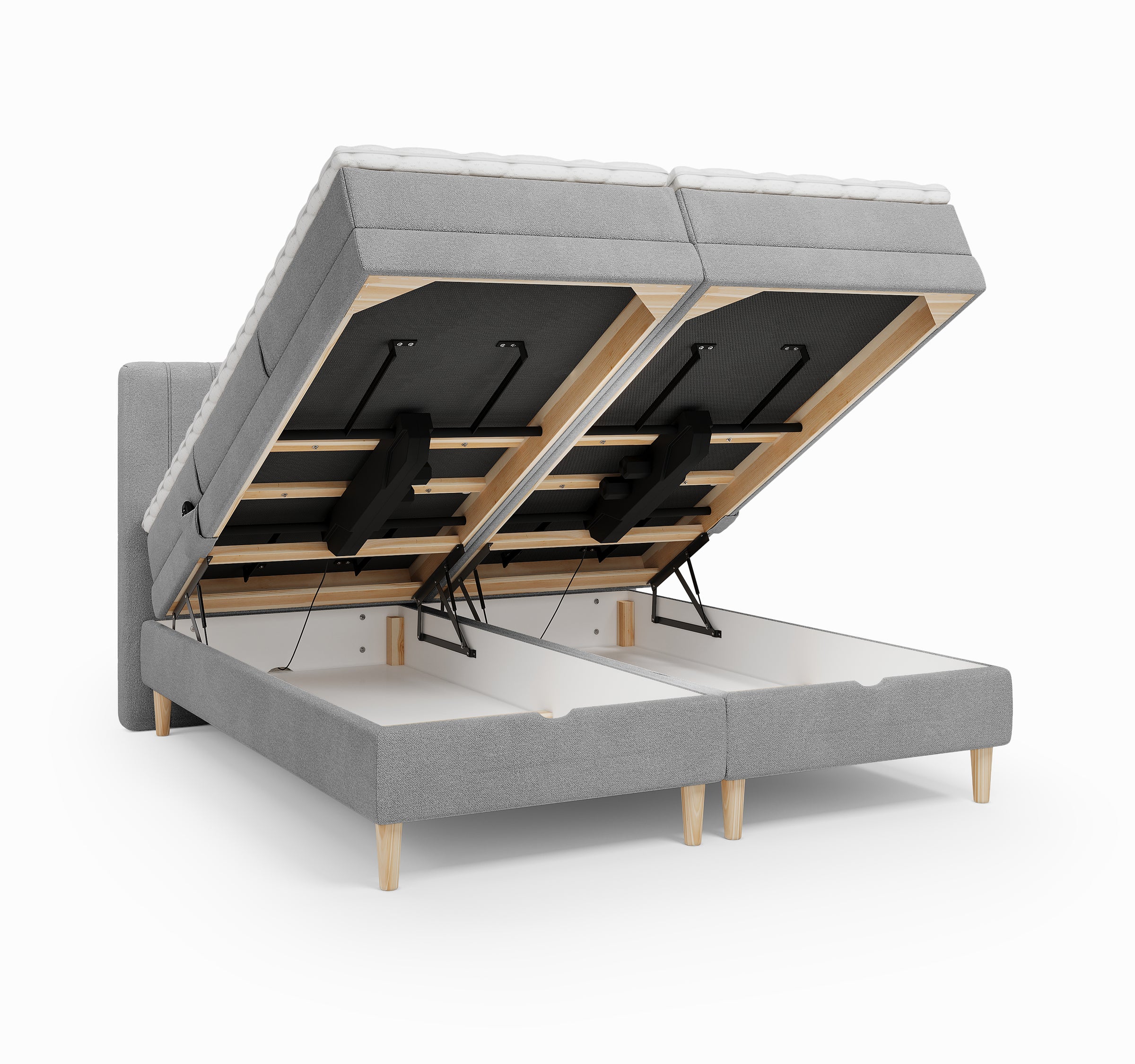Lit BOXSPRING ELECTRIQUE N°1- Avec tête de lit, coffre intégré, matelas ressorts ensachés et surmatelas inclus