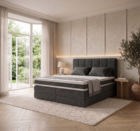 Lit BOXSPRING N°3 - Avec tête de lit, coffre intégré, matelas ressorts ensachés inclus