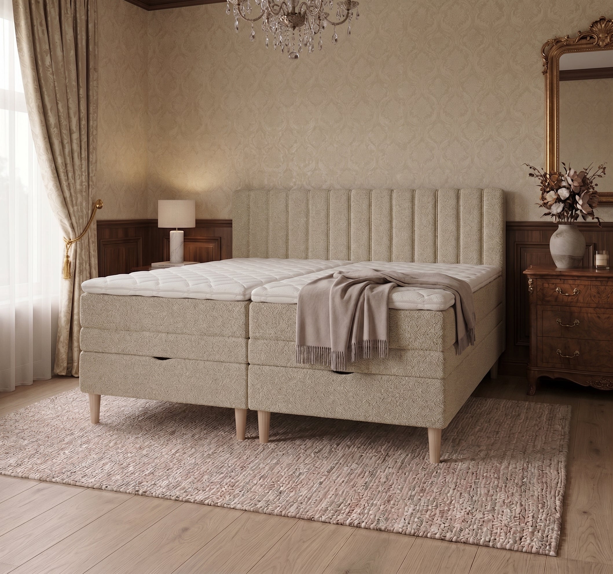 Lit BOXSPRING ELECTRIQUE N°1- Avec tête de lit, coffre intégré, matelas ressorts ensachés et surmatelas inclus