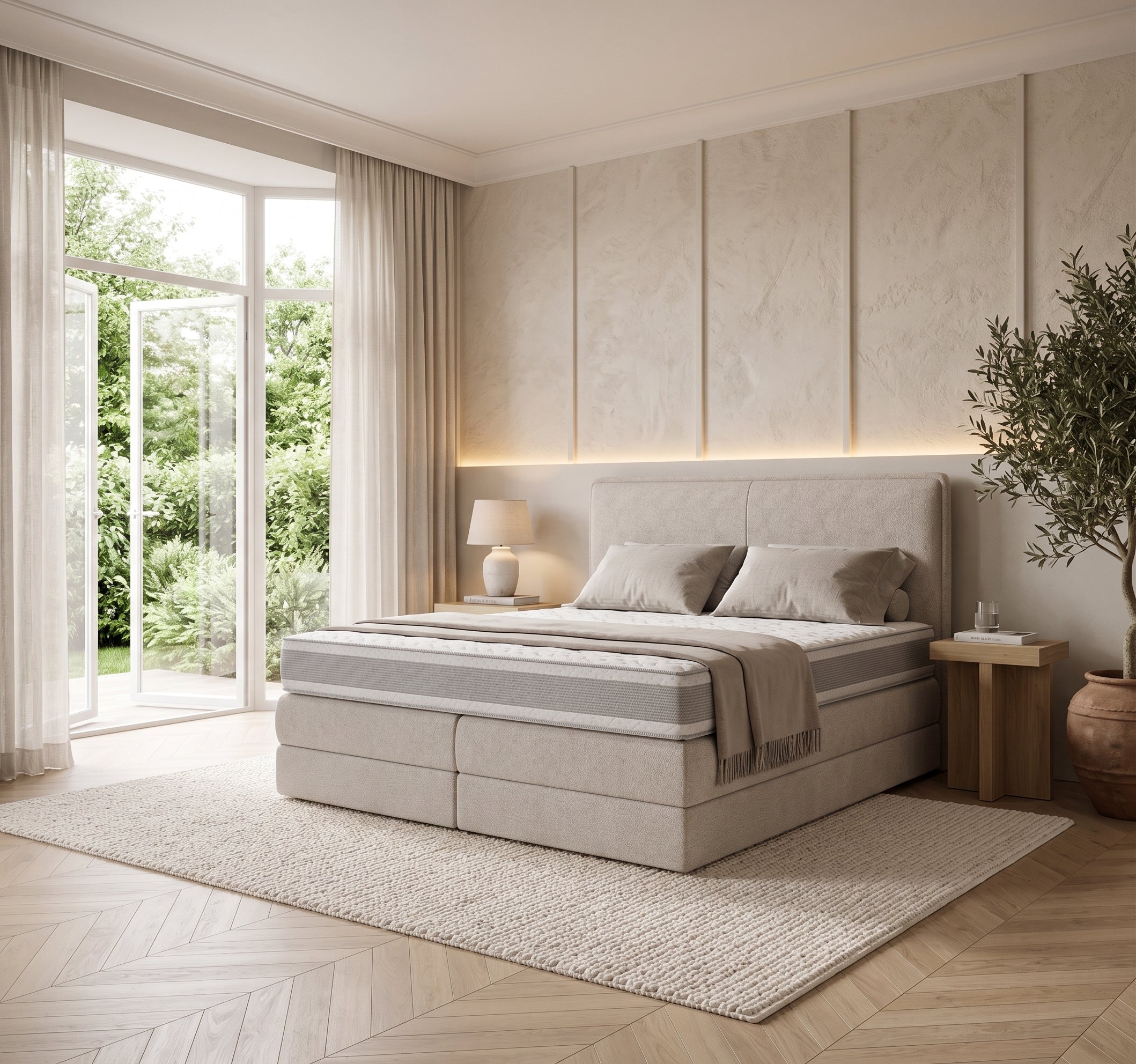 Lit BOXSPRING N°3 - Avec tête de lit, coffre intégré, matelas ressorts ensachés inclus
