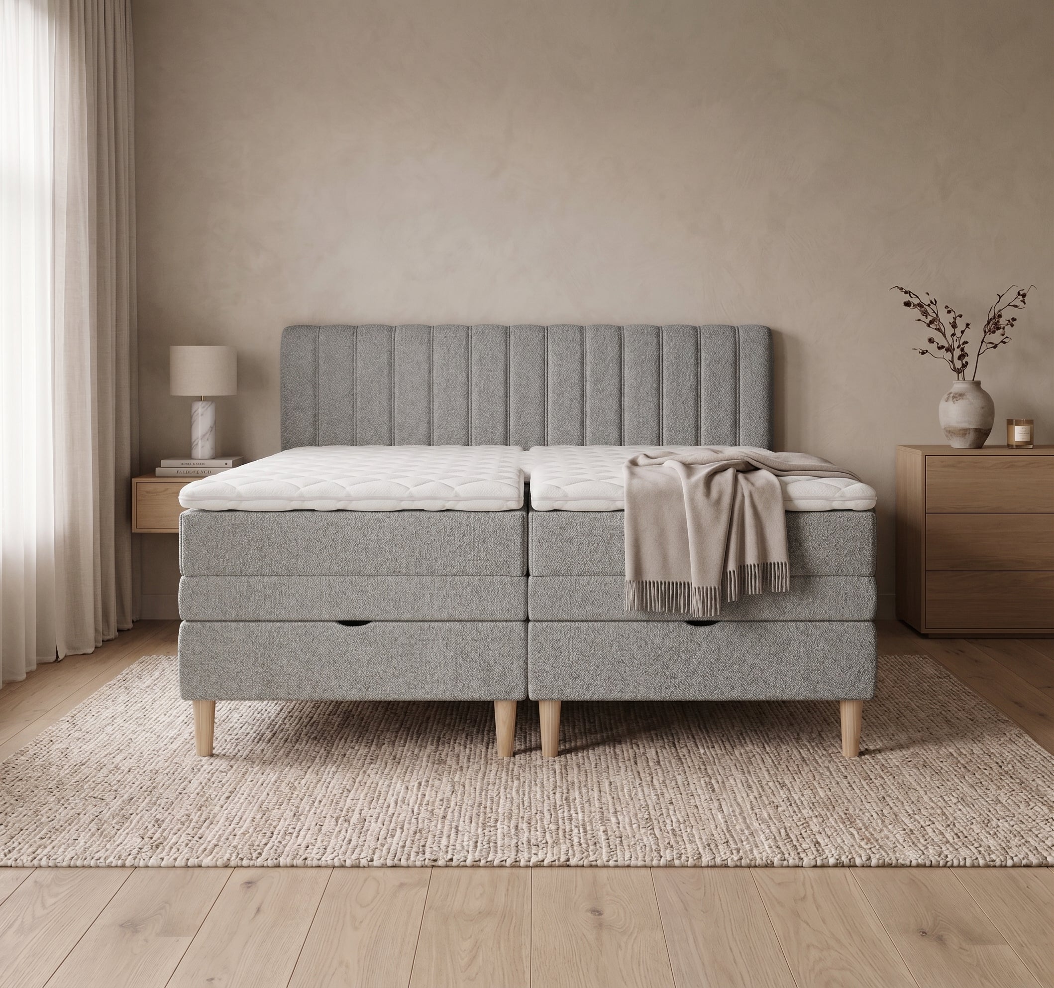Lit BOXSPRING ELECTRIQUE N°1- Avec tête de lit, coffre intégré, matelas ressorts ensachés et surmatelas inclus