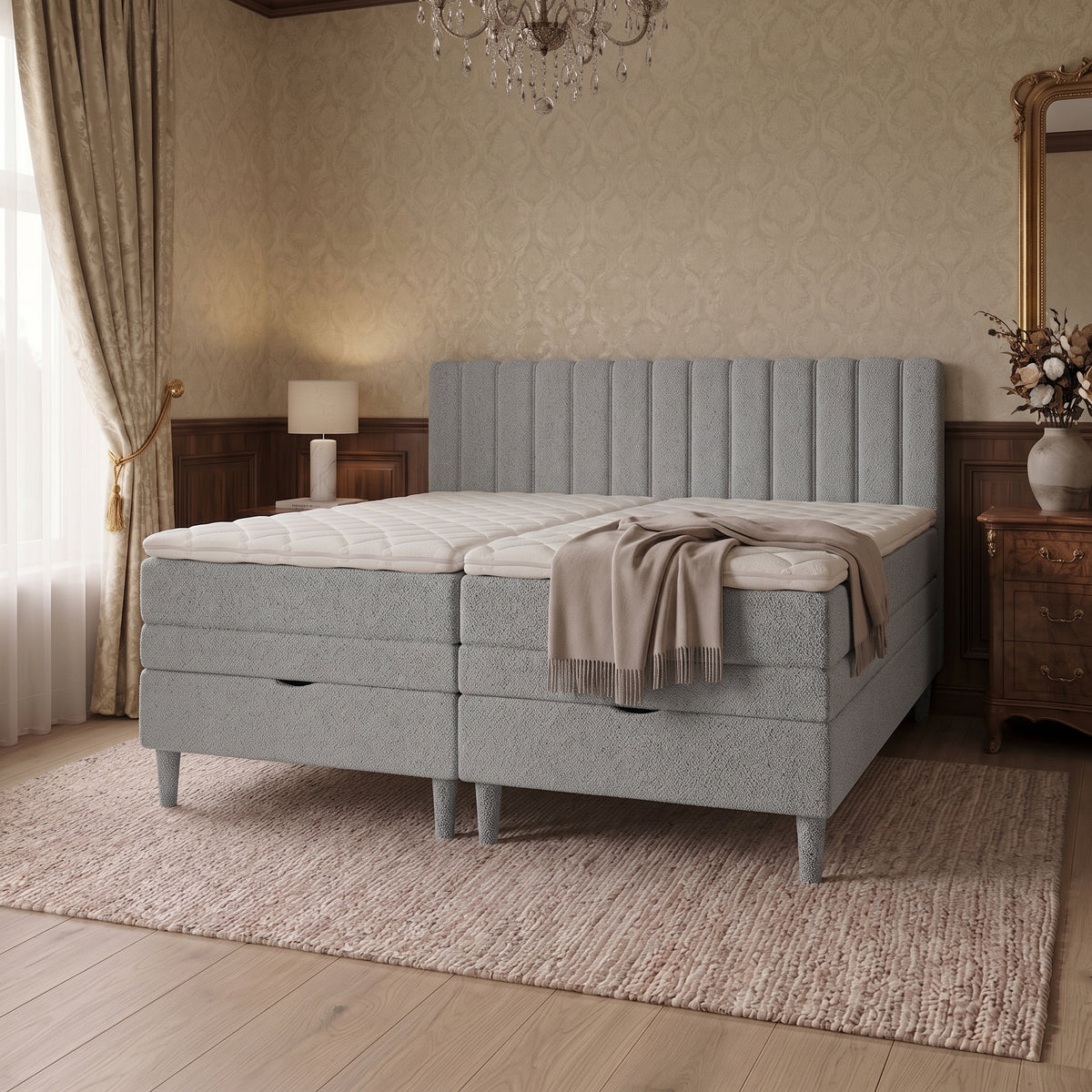 Lit BOXSPRING ELECTRIQUE N°1- Avec tête de lit, coffre intégré, matelas ressorts ensachés et surmatelas inclus