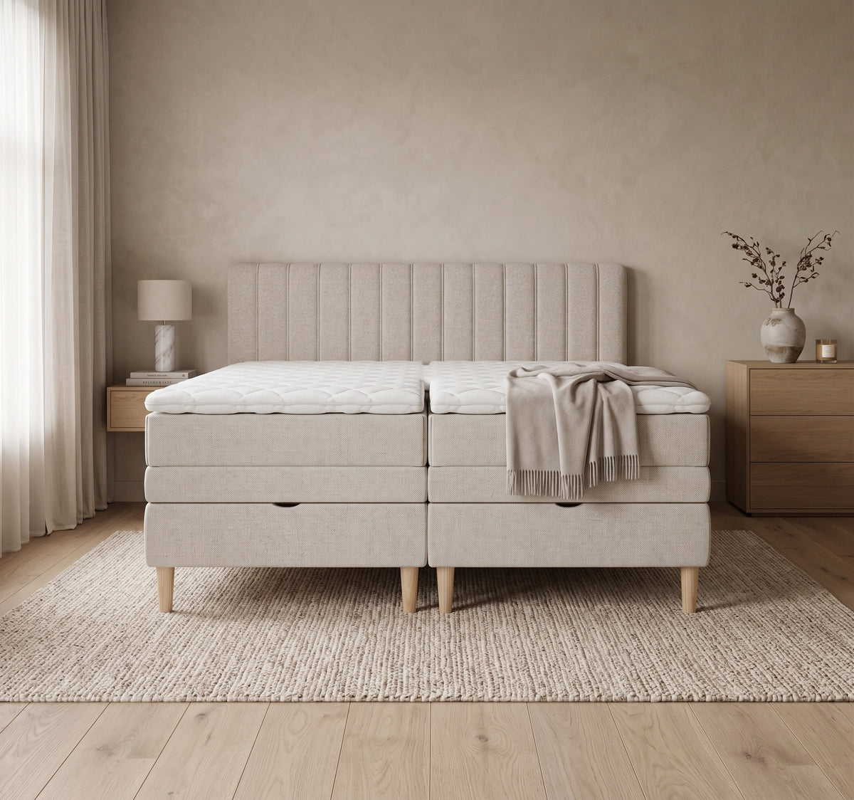 Lit BOXSPRING ELECTRIQUE N°1- Avec tête de lit, coffre intégré, matelas ressorts ensachés et surmatelas inclus