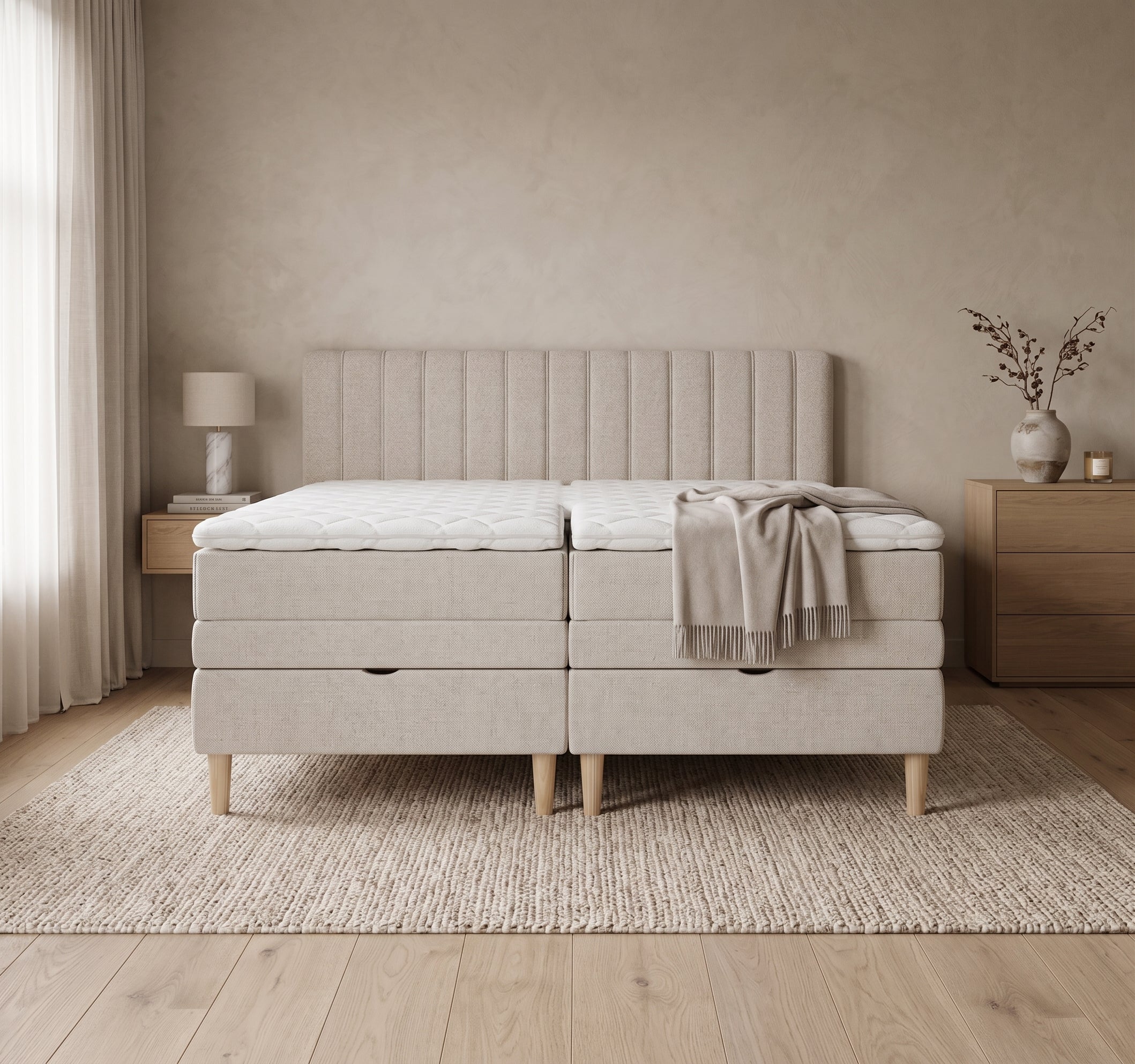 Lit BOXSPRING ELECTRIQUE N°1- Avec tête de lit, coffre intégré, matelas ressorts ensachés et surmatelas inclus