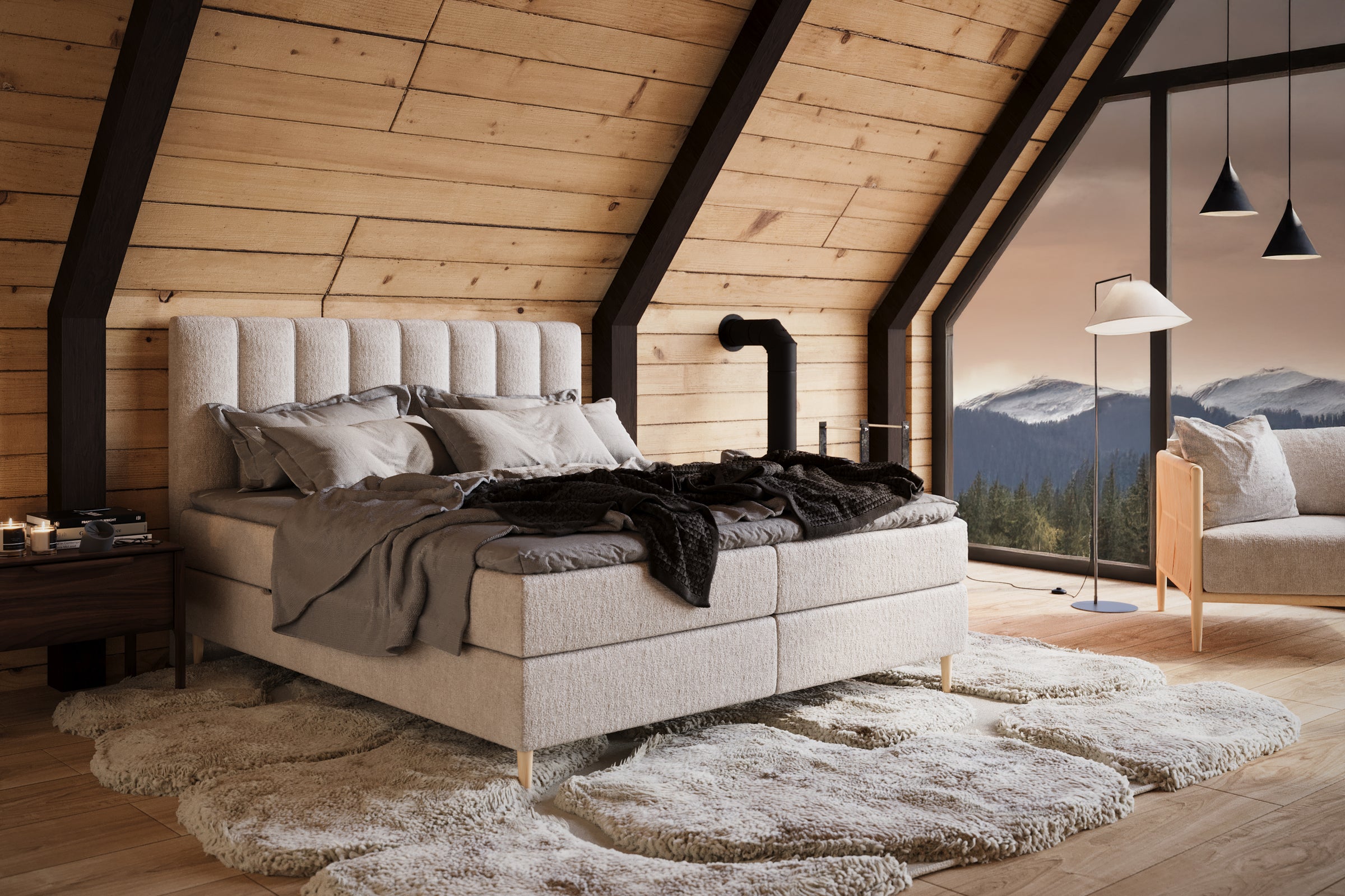 Boxspring bed (boxbed type) - With headboard, integrated storage, pocket spring mattress and mattress topper included
