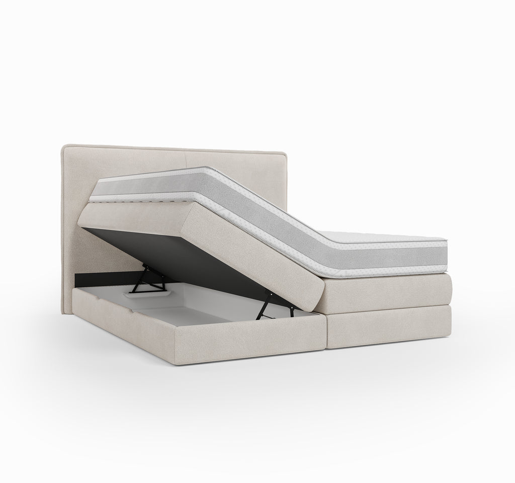 Lit BOXSPRING N°3 - Avec tête de lit, coffre intégré, matelas ressorts ensachés inclus