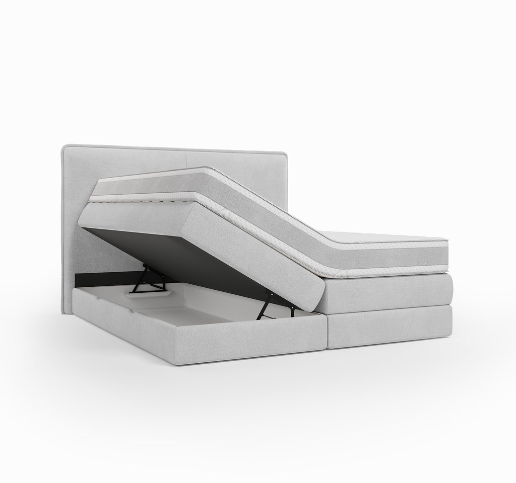 Lit BOXSPRING N°3 - Avec tête de lit, coffre intégré, matelas ressorts ensachés inclus