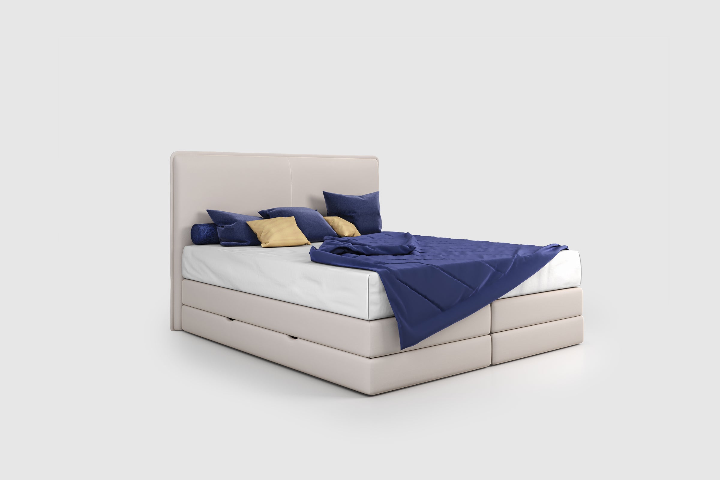 Lit BOXSPRING N°3 - Avec tête de lit, coffre intégré, matelas ressorts ensachés inclus