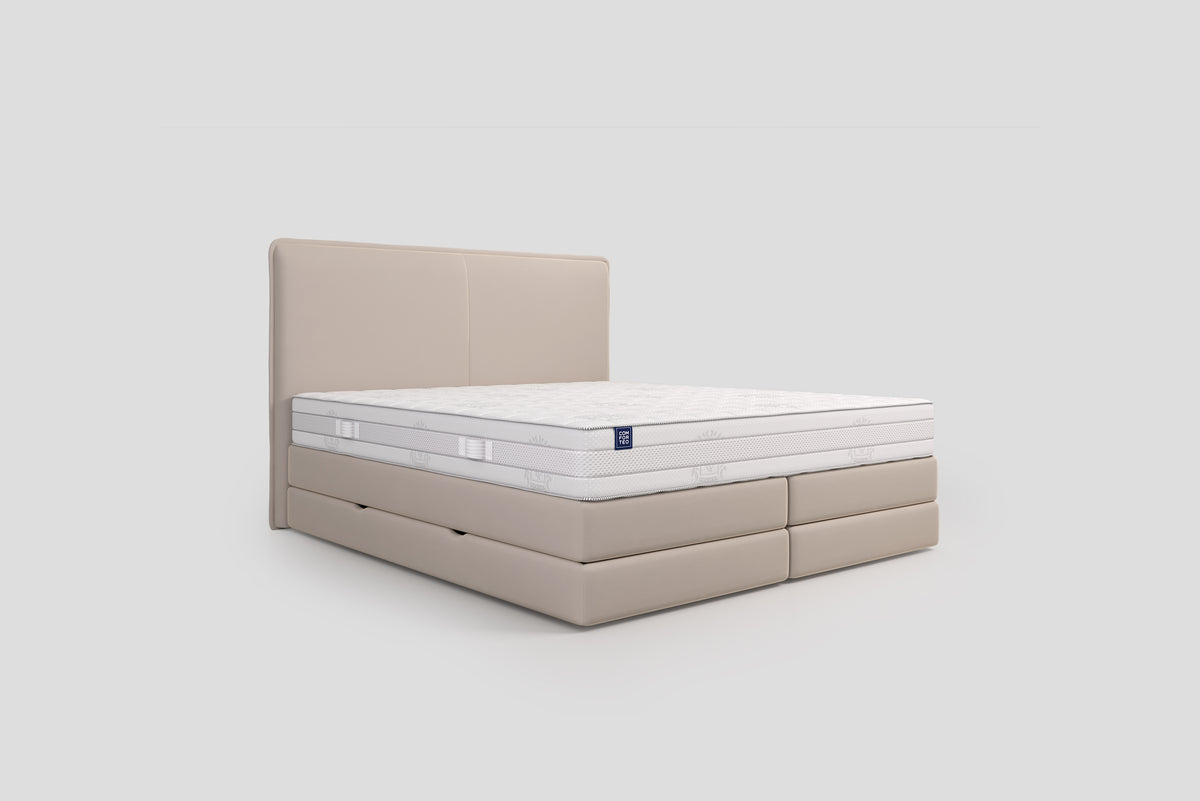 Lit BOXSPRING N°3 - Avec tête de lit, coffre intégré, matelas ressorts ensachés inclus