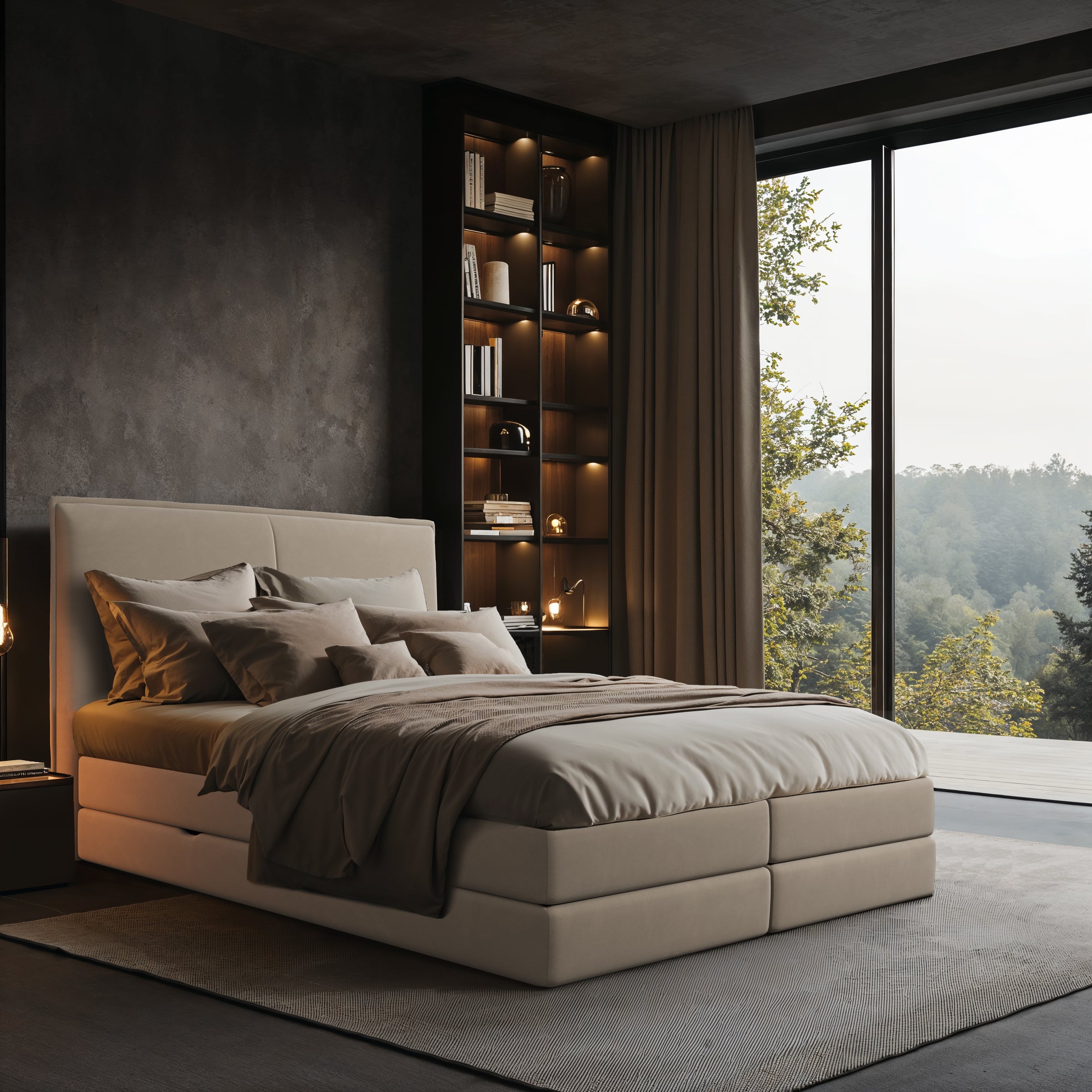 Lit BOXSPRING N°3 - Avec tête de lit, coffre intégré, matelas ressorts ensachés inclus